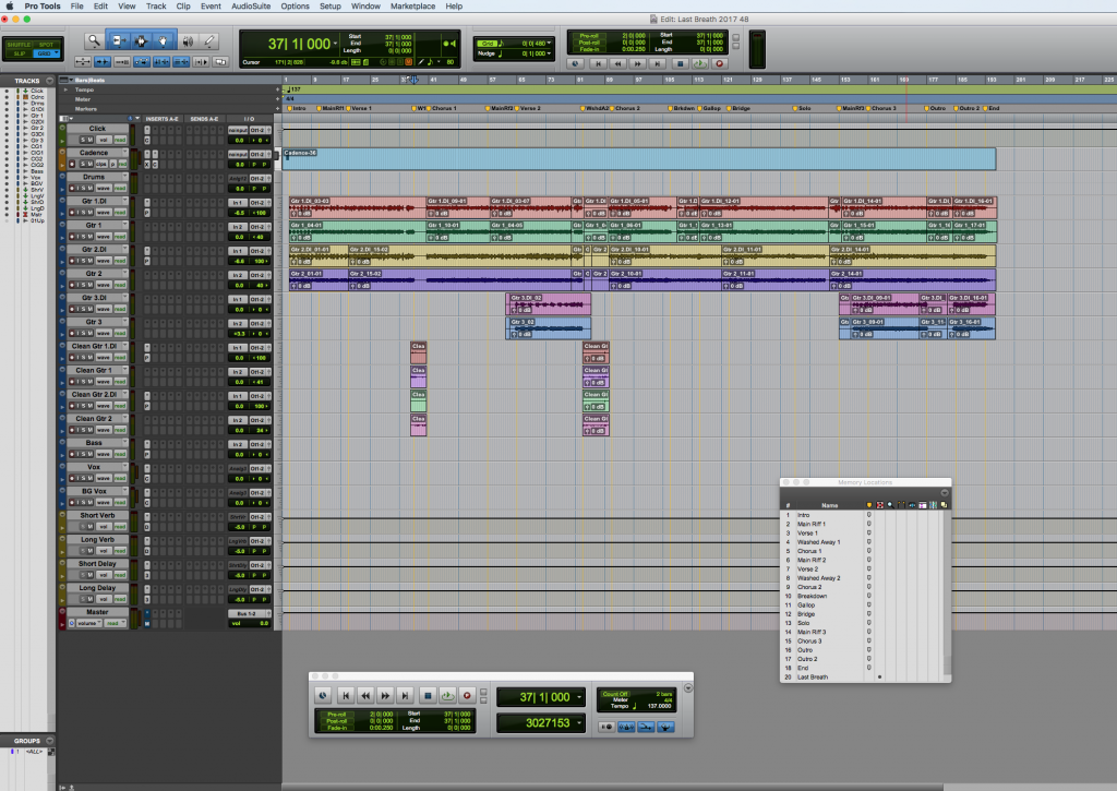 A screen shot of a Pro Tools edit window. There are a number of audio regions, tracks, and markers all about the screen.